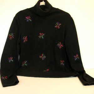 Talbots Black Cotton Turtleneck Fireworks or Stars Embroidered Design
